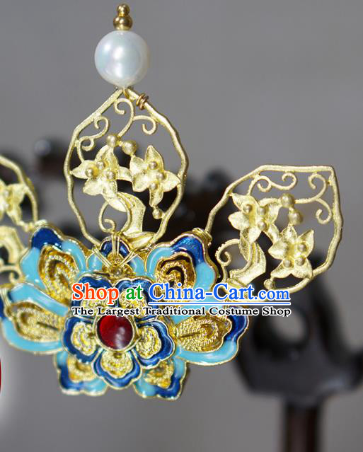 Chinese Ancient Royal Queen Golden Hairpin Traditional Ming Dynasty Blueing Peony Hair Crown