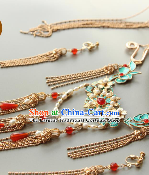 Chinese Traditional Wedding Golden Tassel Necklace Ancient Ming Dynasty Noble Lady Pearls Necklet