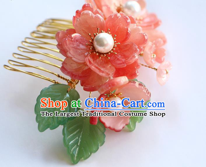 China Ancient Princess Hairpin Traditional Hanfu Hair Accessories Ming Dynasty Pink Peony Hair Comb