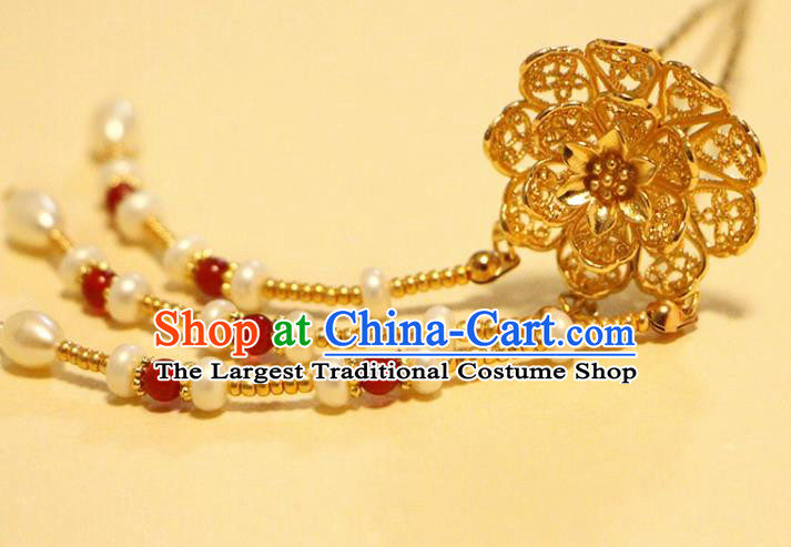 China Ancient Court Woman Golden Peony Hairpin Traditional Hanfu Hair Accessories Tang Dynasty Pearls Tassel Hair Stick