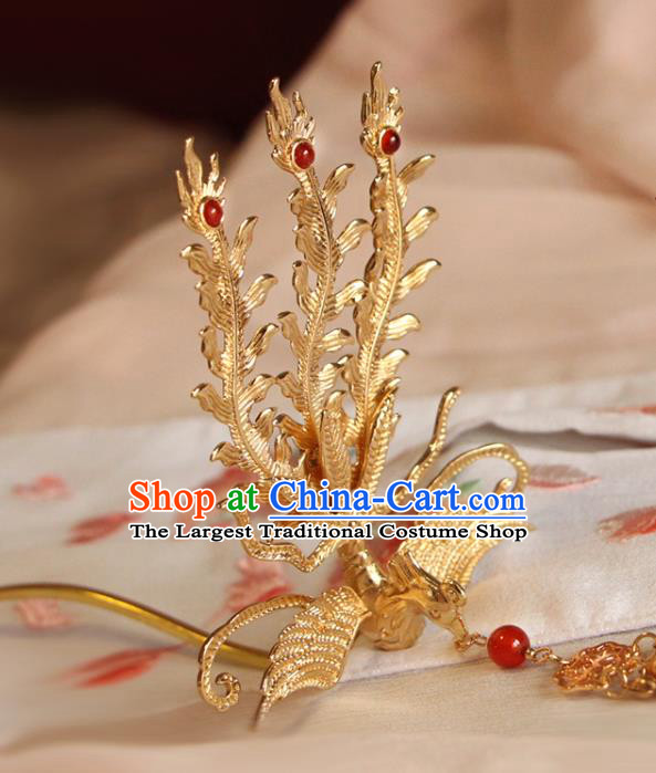 China Ancient Noble Woman Tassel Hairpin Traditional Hanfu Hair Accessories Ming Dynasty Golden Phoenix Hair Stick