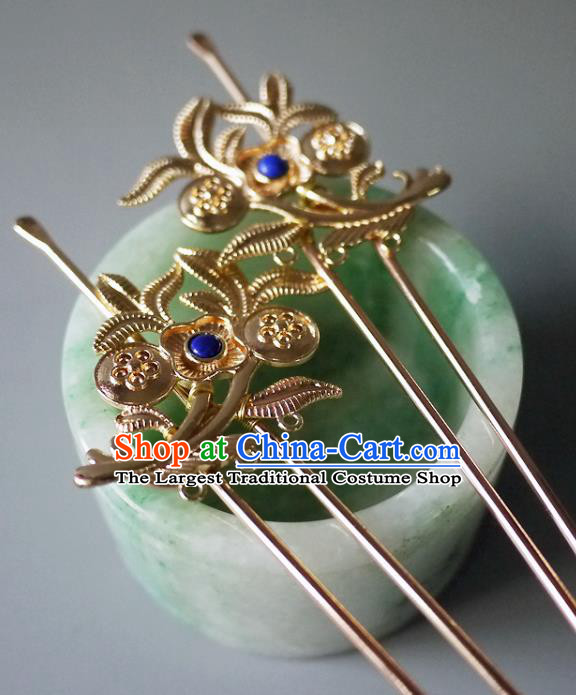 Chinese Ancient Noble Lady Lapis Hairpin Hair Accessories Traditional Song Dynasty Princess Golden Hair Stick