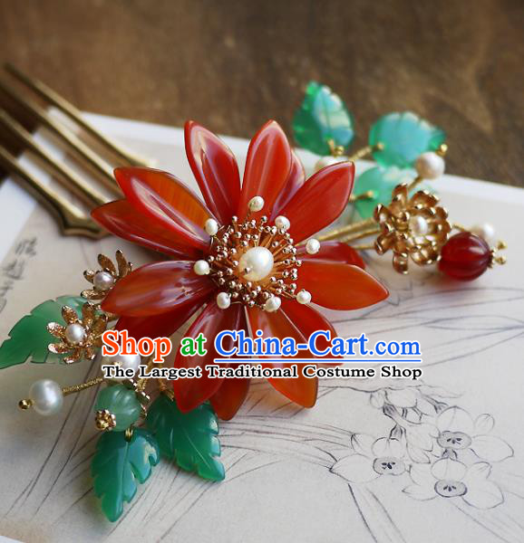 Chinese Ancient Imperial Concubine Hairpin Hair Accessories Traditional Qing Dynasty Agate Chrysanthemum Hair Comb