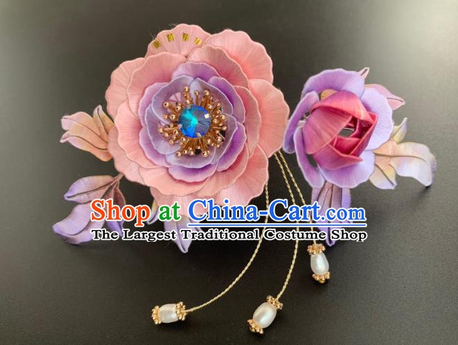 China Ancient Imperial Concubine Hairpin Traditional Hanfu Hair Accessories Ming Dynasty Pink Silk Peony Hair Comb