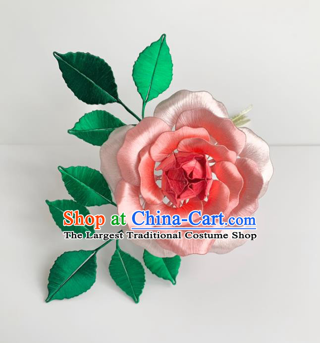 China Handmade Pink Silk Rose Hairpin Traditional Hanfu Hair Accessories Ancient Tang Dynasty Princess Hair Stick