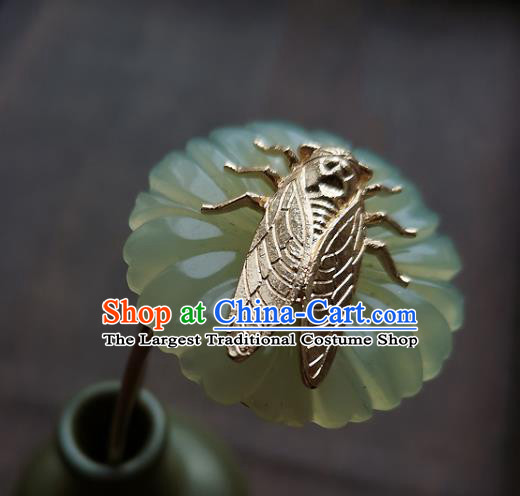 Chinese Ancient Princess Golden Cicada Hairpin Hair Accessories Traditional Song Dynasty Jade Flower Hair Stick