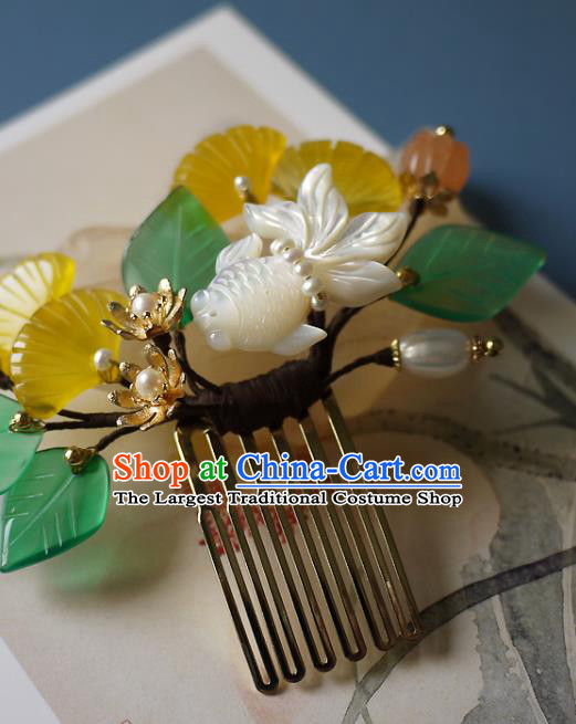 Chinese Ancient Princess Jade Ginkgo Leaf Hairpin Hair Accessories Traditional Song Dynasty Shell Goldfish Hair Comb