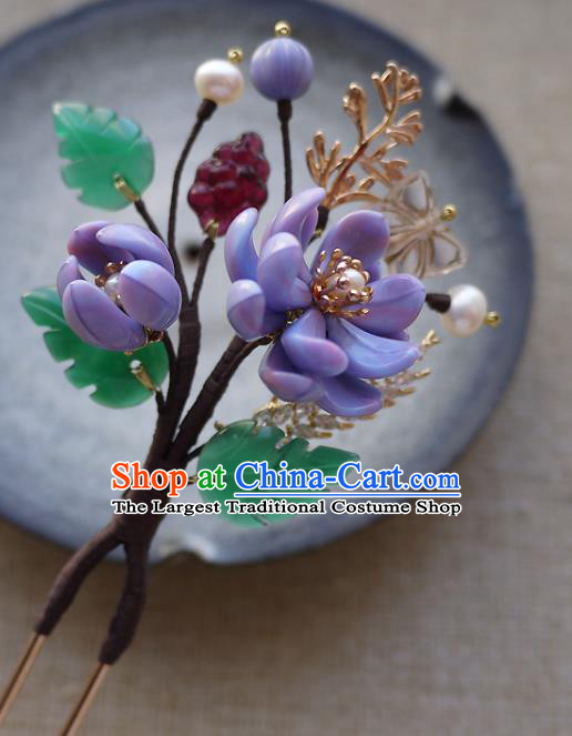 Chinese Ancient Royal Princess Purple Flowers Hairpin Traditional Ming Dynasty Palace Lady Hair Stick