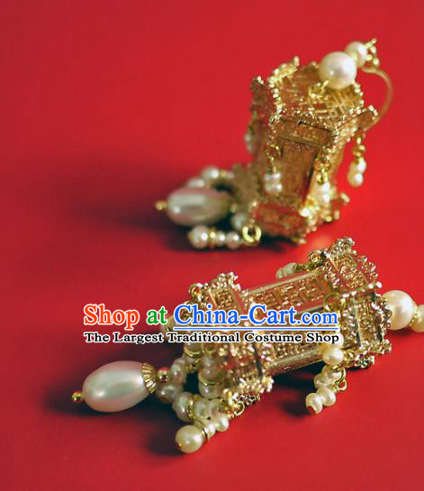 Chinese Ancient Empress Ear Accessories Traditional Ming Dynasty Golden Palace Lantern Earrings