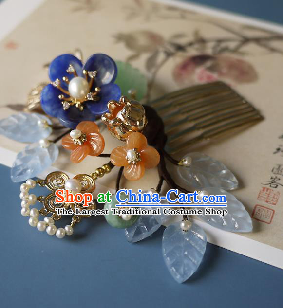 Chinese Ancient Empress Jade Hairpin Hair Accessories Traditional Qing Dynasty Imperial Consort Lapis Plum Hair Comb