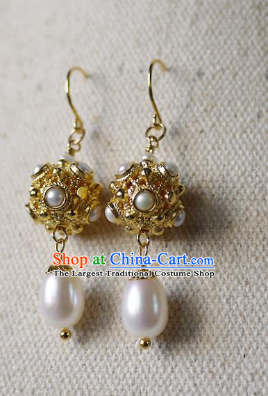 Chinese Ancient Tang Dynasty Princess Ear Accessories Traditional Cheongsam Pearls Golden Earrings