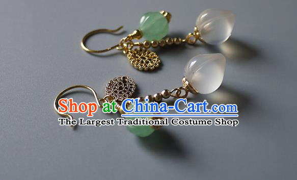 Chinese Ancient Court Lady Ear Accessories Traditional Qing Dynasty White Chalcedony Earrings