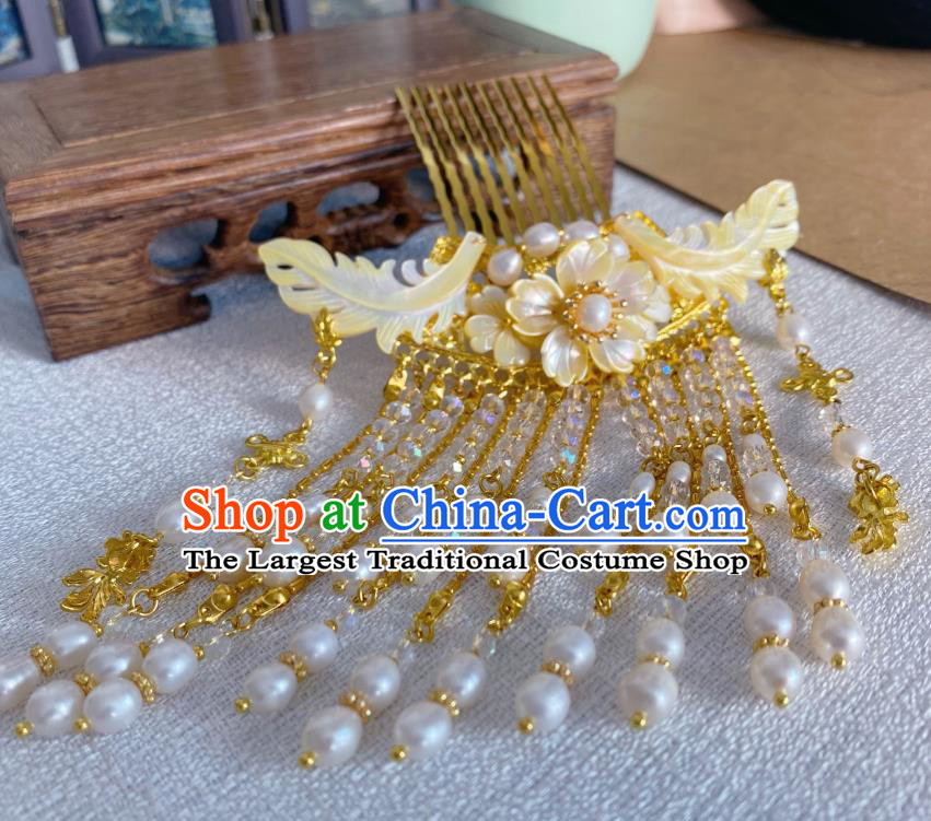 Chinese Ancient Village Girl Shell Pearls Tassel Hairpin Traditional Ming Dynasty Golden Hair Comb Accessories