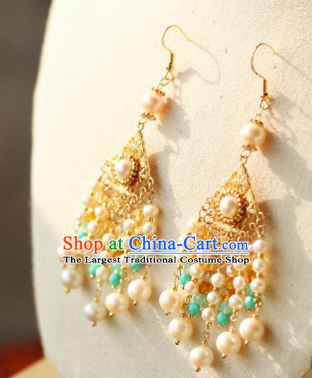 Chinese Ancient Tang Dynasty Imperial Consort Ear Accessories Traditional Hanfu Pearls Tassel Earrings