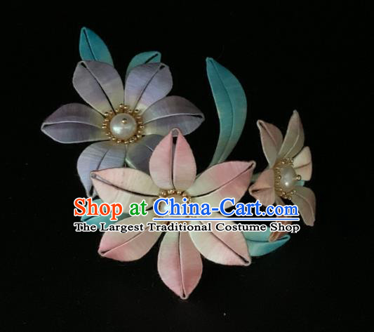 China Handmade Silk Lily Flowers Hairpin Traditional Hanfu Hair Accessories Ancient Song Dynasty Noble Lady Pearls Hair Stick