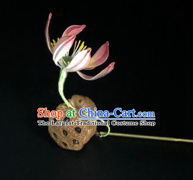 China Handmade Pink Silk Lotus Hairpin Traditional Hanfu Hair Accessories Ancient Song Dynasty Empress Hair Stick