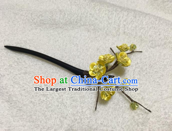 China Handmade Yellow Silk Plum Blossom Hairpin Traditional Hanfu Hair Accessories Ancient Swordswoman Ebony Hair Stick