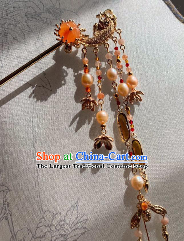 China Handmade Golden Fish Tassel Hairpin Traditional Ming Dynasty Hair Accessories Ancient Court Beauty Pearls Hair Stick