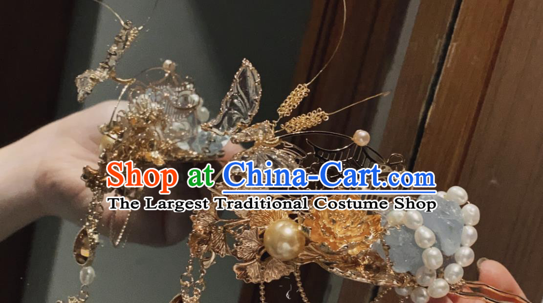 China Traditional Hanfu Hair Accessories Handmade Ming Dynasty Crystal Butterfly Hairpin Ancient Empress Aquamarine Hair Stick