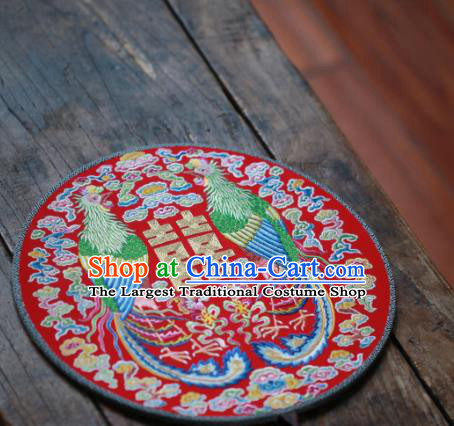 China Traditional Wedding Circular Fan Handmade Embroidered Phoenix Fan Classical Red Silk Palace Fan