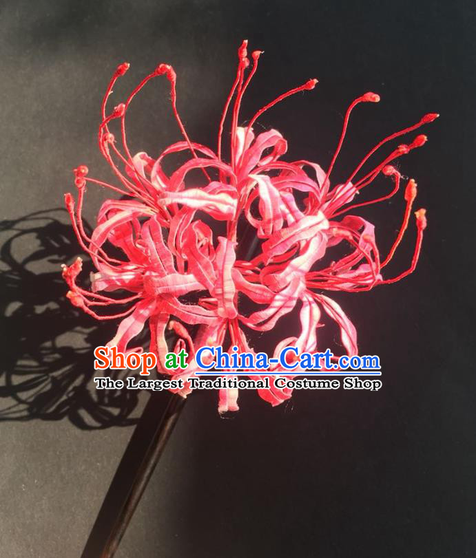 China Handmade Silk Red Manjusaka Hairpin Traditional Hanfu Headwear Ancient Tang Dynasty Palace Lady Hair Stick