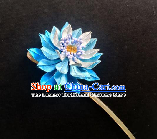 China Handmade Blue Silk Lotus Hairpin Traditional Hanfu Hair Accessories Ancient Royal Princess Hair Clip