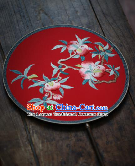 China Traditional Wedding Hanfu Fan Handmade Embroidered Peach Circular Fan Classical Red Silk Palace Fan