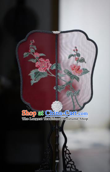 China Handmade Embroidered Hibiscus Fan Classical Red Silk Palace Fan Traditional Ming Dynasty Hanfu Fan