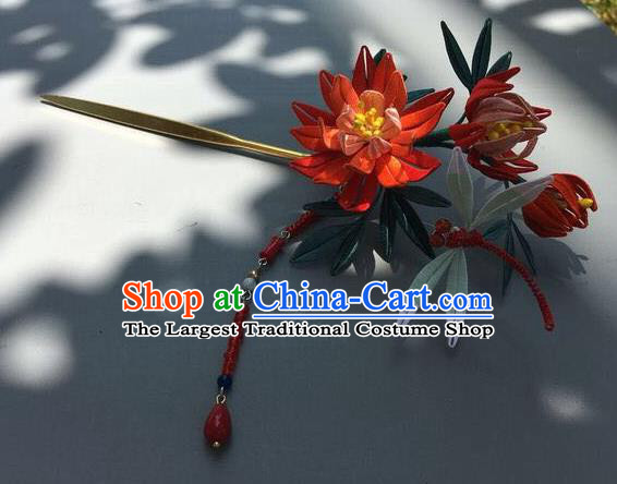 China Handmade Silk Chrysanthemum Hairpin Traditional Wedding Hair Accessories Ancient Princess Red Beads Tassel Hair Stick