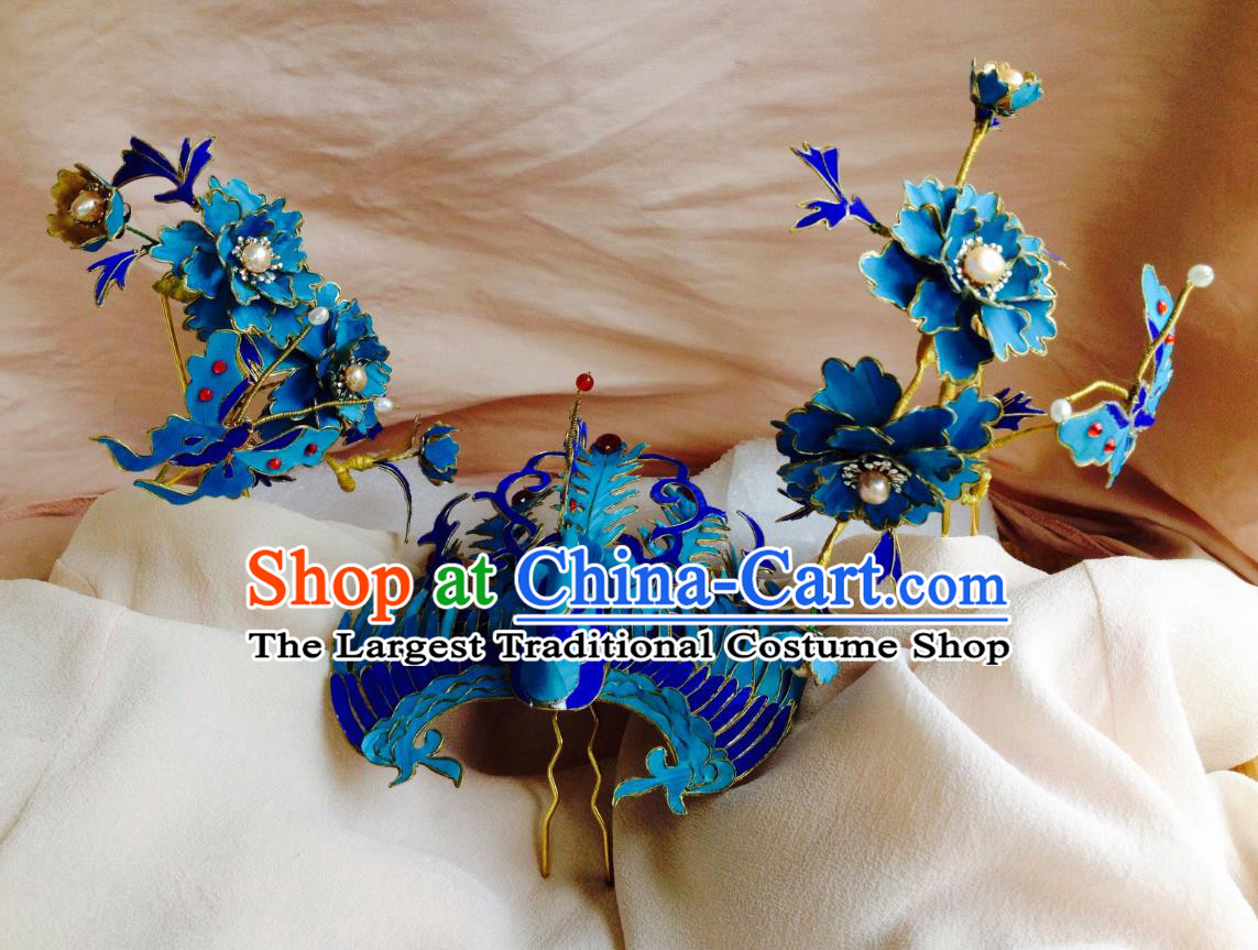 China Handmade Blue Peony Butterfly Hairpins Traditional Wedding Headdress Ancient Qing Dynasty Empress Hair Crown Complete Set