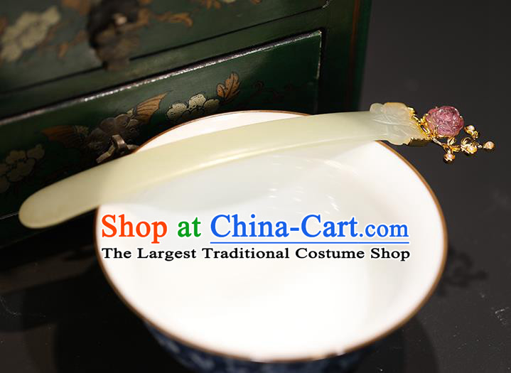 China Handmade Hetian Jade Hairpin Traditional Qing Dynasty Court Headpiece Ancient Noble Woman Hair Stick