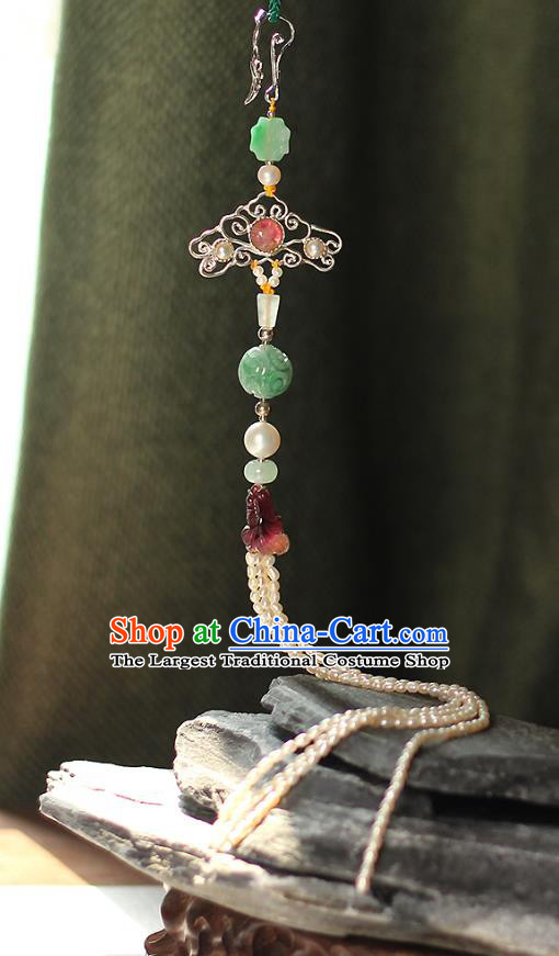 Chinese Ancient Qing Dynasty Court Woman Brooch Accessories Traditional Pearls Tassel Jade Pendant