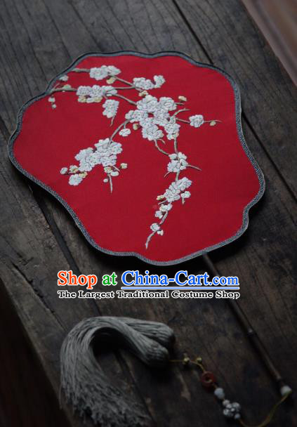 China Classical Red Silk Palace Fan Traditional Hanfu Fan Handmade Embroidered Apricot Blossom Fan