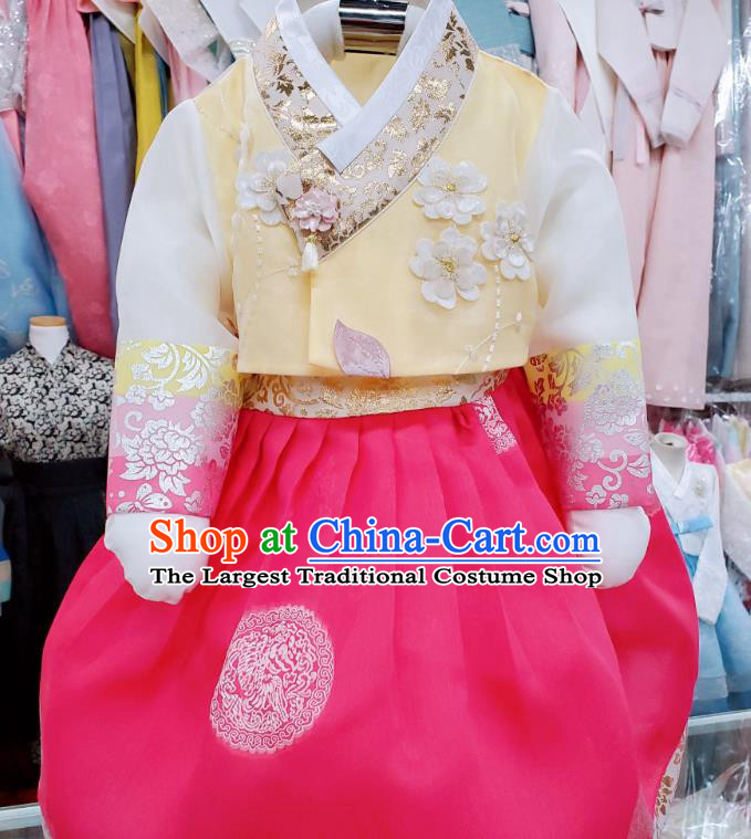 Korean Traditional Children Garments Fashion Stage Hanbok Clothing Asian Korea Girl Yellow Blouse and Rosy Dress