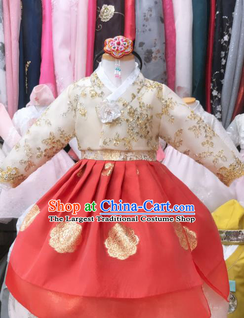 Asian Korea Children Princess Garments Fashion Traditional Birthday Hanbok Clothing Korean Girl Beige Blouse and Red Dress