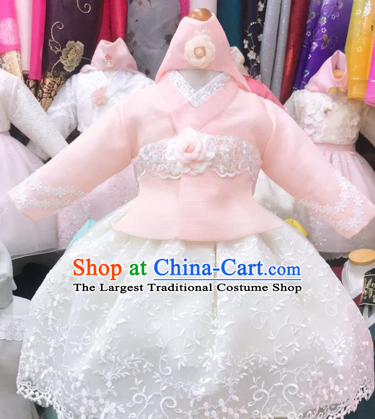 Asian Korean Traditional Birthday Hanbok Clothing Girl Pink Blouse and White Dress Korea Children Princess Garments Fashion