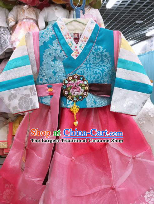 Asian Korea Court Hanbok Clothing Traditional Blue Blouse and Pink Dress Garments Korean Girl Princess Fashion