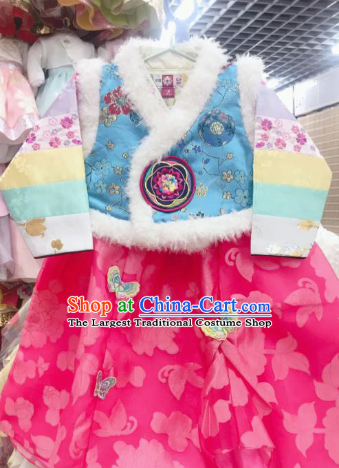 Korea Children Blue Vest Blouse and Rosy Dress Traditional New Year Garments Fashion Asian Korean Hanbok Clothing