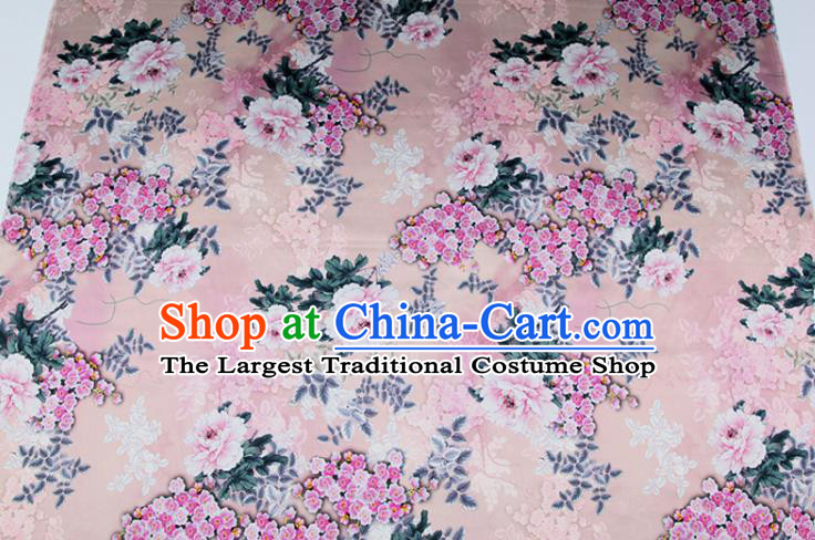 China Pink Satin Drapery Traditional Cheongsam Silk Fabric Classical Printing Peony Cloth