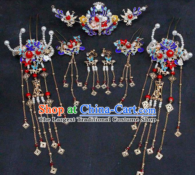 China Traditional Wedding Bride Headwear Ancient Bride Blueing Hair Comb and Tassel Hairpins