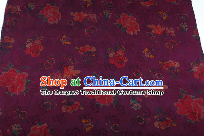 China Purple Gambiered Guangdong Gauze Traditional Silk Fabric Classical Cheongsam Peony Pattern Brocade