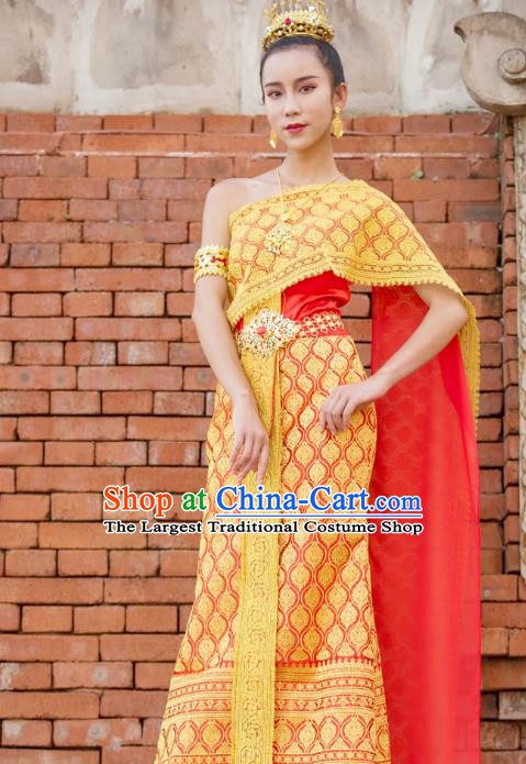 Traditional Thailand Court Princess Yellow Dress Uniforms Asian Thai Folk Dance Clothing