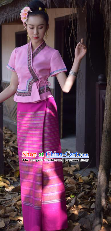 China Dai Nationality Water Sprinkling Festival Clothing Yunnan Ethnic Folk Dance Pink Blouse and Rosy Skirt Uniforms