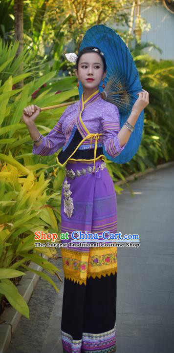 China Yunnan Ethnic Young Woman Purple Blouse and Skirt Uniforms Dai Nationality Stage Performance Clothing