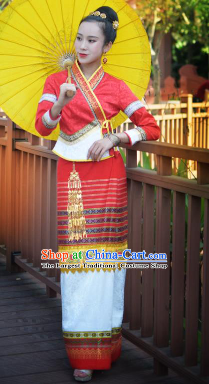 China Yunnan Ethnic Wedding Red Blouse and Skirt Uniforms Dai Nationality Bride Clothing