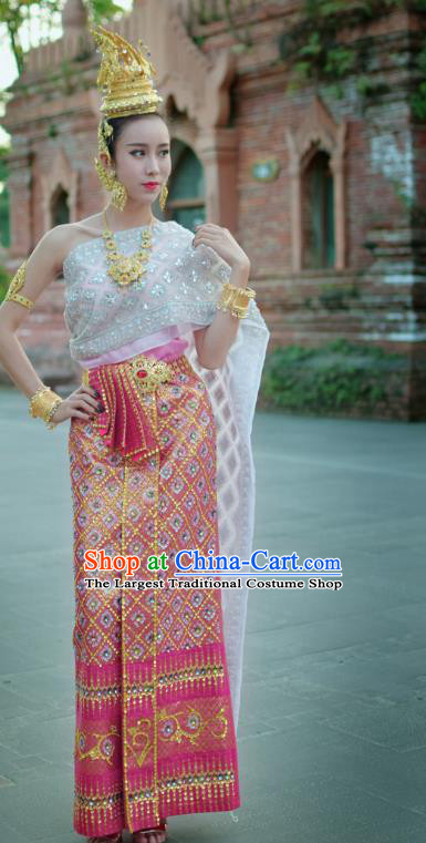 Asian Thai Wedding Woman Dress Clothing Traditional Thailand Court Consort Blouse and Embroidery Rosy Skirt Uniforms