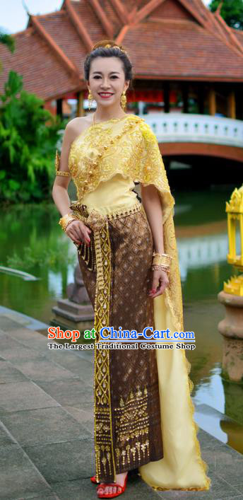 Asian Thai Wedding Bride Dress Clothing Traditional Thailand Young Woman Yellow Top and Brown Skirt Uniforms