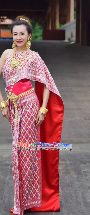 Traditional Thailand Rosy Blouse and Skirt Bride Dress Clothing Asian Thai Wedding Uniforms