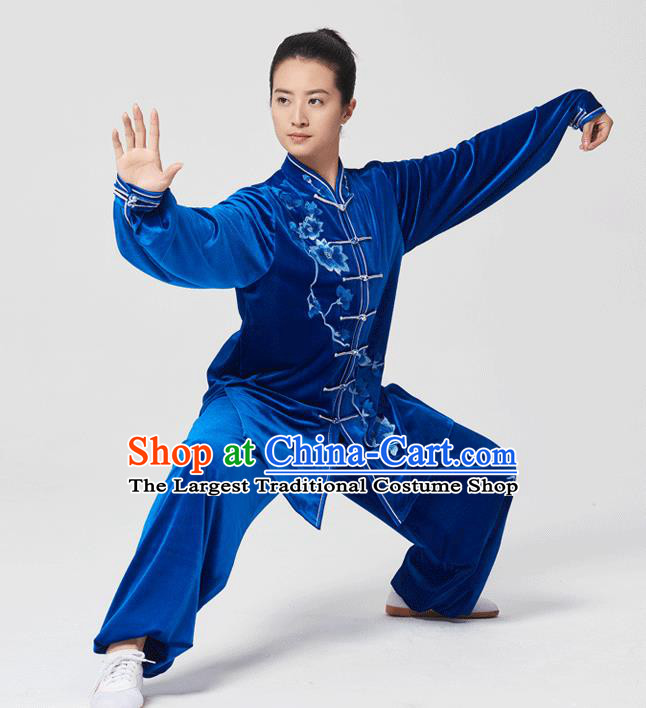 China Tai Chi Kung Fu Costumes Traditional Martial Arts Embroidered Royalblue Velvet Uniforms