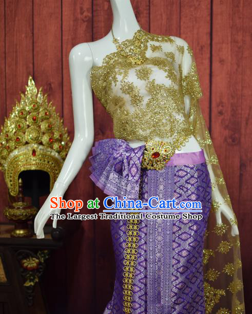 Traditional Thailand Bride Dress Clothing Asian Thai Wedding Uniforms Blouse and Purple Skirt